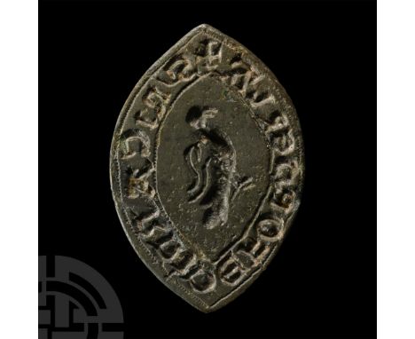 Circa 14th century A.D. Vesica type with loop to reverse; central perching bird motif with Lombardic script legend to the bor