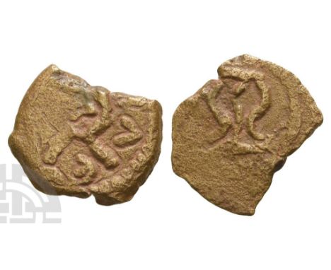Judaea, Herod I AE Prutah.. 40-4 BCE. Jerusalem mint. [...]Λ-Є[...], small diadem with cross / Tripod table within dotted cir