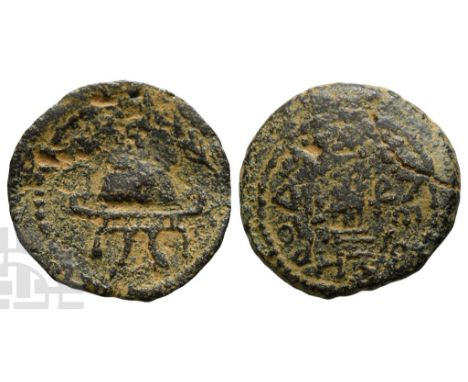 Judaea. Herodians, Herod I AE Eight Prutot.. 40-4 BCE. Mint in Samaria (Sebaste?). Dated RY 3 (38/7 BCE). Pileus on couch top