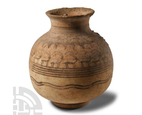 Circa 1st millennium B.C. Globular with flared rim, horizontal painted bands to the shoulder and equator, wavy line beneath a