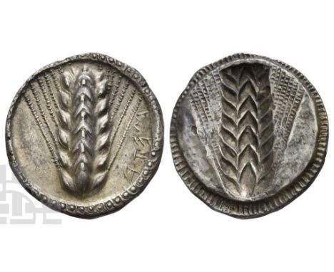 Lucania, Metapontion AR Stater.. Circa 510-470 BC. Ear of barley with seven grains; META retrograde downwards to right; all w