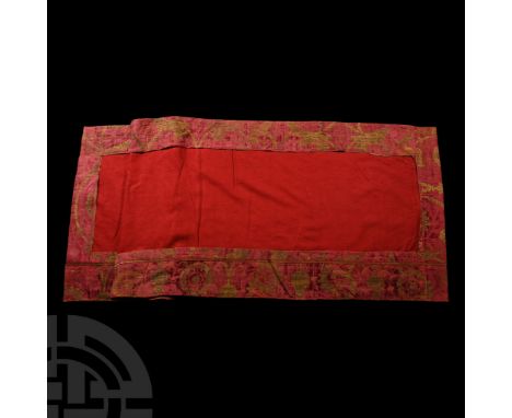 16th century A.D. Rectangular velvet tapestry panel with crimson field and gold-yellow detailing, made up from individual str