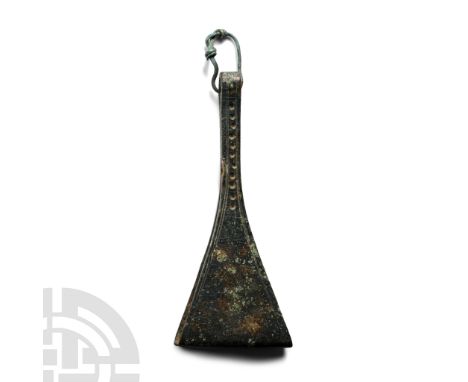6th-8th century A.D. With broad triangular blades and narrow returned shank with punched point detailing, wire loop; old coll