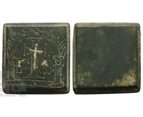 Byzantine Square AE Commercial Weight of One Uncia.. Circa 4th-6th century AD. Engraved in outline and inlaid with silver lar