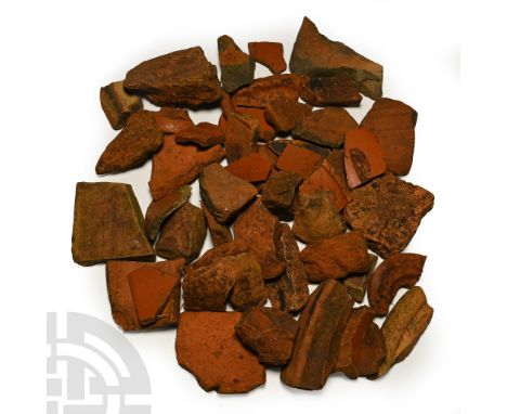 3rd-4th century A.D. Including fragments of tile, mortaria, and other items.  2.15 kg total, 32-93 mm (1 1/4 - 3 5/8 in.). [5