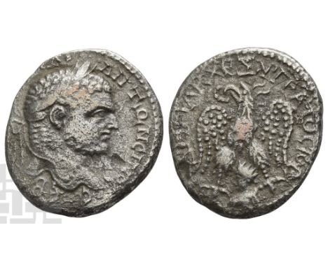 Caracalla AR Tetradrachm of Emesa, Seleucis and Pieria.. AD 198-217. Struck AD 215-217. [ΑΥΤ K M] A • ANTΩNЄINOC • CЄB •, lau