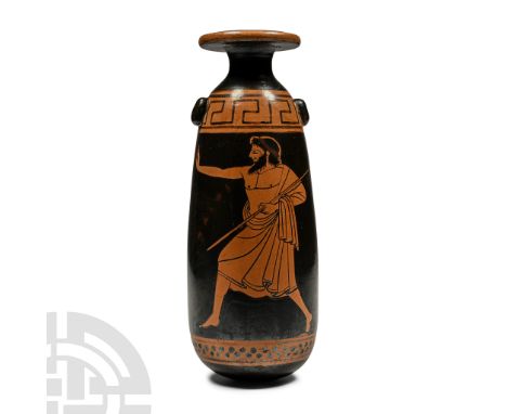 Circa 500 B.C. Ovoid shape with short neck and expanded flat rim, lugs on the sides; painted with daily life scenes: one side