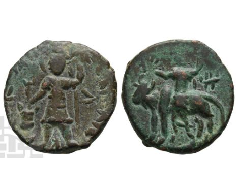 Kushan Empire, Vasudeva I CU Tetradrachm.. Circa AD 190-230. Main mint in Kapisha (Begram?). Middle phase. Vasudeva, nimbate,