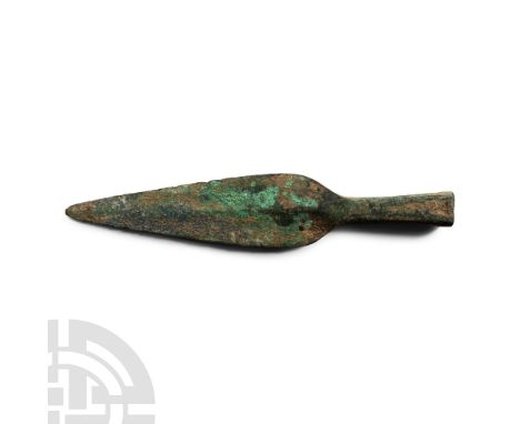 3rd millennium B.C. Featuring a flat leaf-shaped blade, slightly rounded shoulders with curved terminals, square-section hand