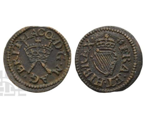England. Stuart, James I CU Farthing.. 1603-1625. Harrington ‘round’, type 2; im: cinquefoil. Struck 1613-1615. IACO · D · G 