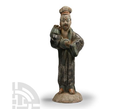 20th century A.D. Hollow-formed and modelled in the round wearing long flowing robes, holding a pair of cymbals in his hands.