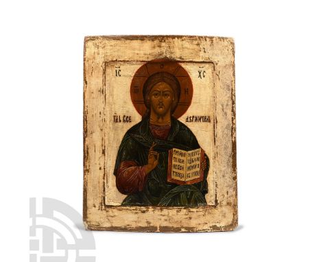 19th century A.D. Showing Christ Pantocrator (Lord of the Universe) making a blessing gesture with the right hand, dressed in