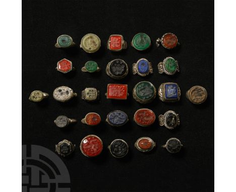 20th century A.D. Mainly with inset lapis lazuli, onyx or other cloison with incuse portrait bust, scorpion or other motif.  
