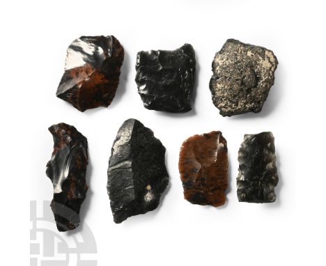 Late Archaic Period, 10,000-6,000 B.P. Mainly obsidian flakes with long edges.  20.6 grams total, 24-37 mm (1 - 1 3/8 in.). [