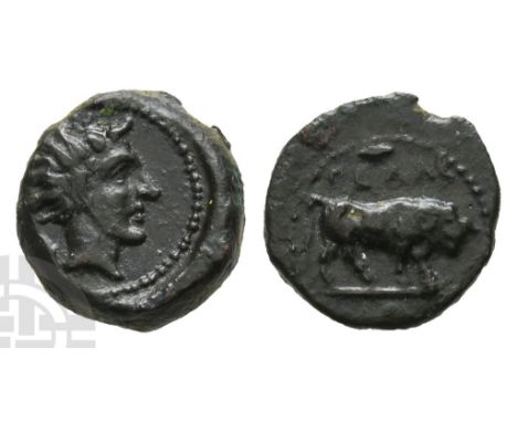 Sicily, Gela AE Onkia.. Circa 420-405 BC. Bull butting to right; grain ear and ΓΕΛΑΣ above, pellet (mark of value) in exergue