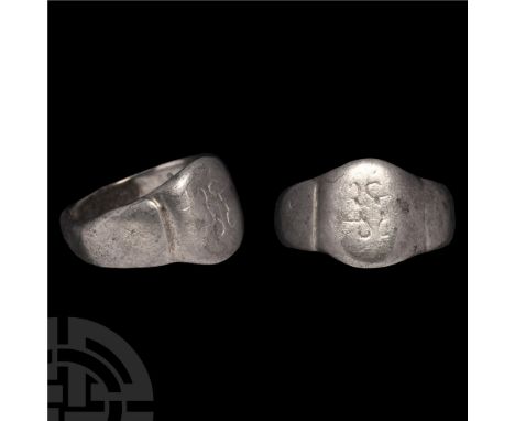 15th-16th century A.D. With broad shoulders and integral domed bezel, incuse nastaliq(?) inscription.  5.56 grams, 20.86 mm o
