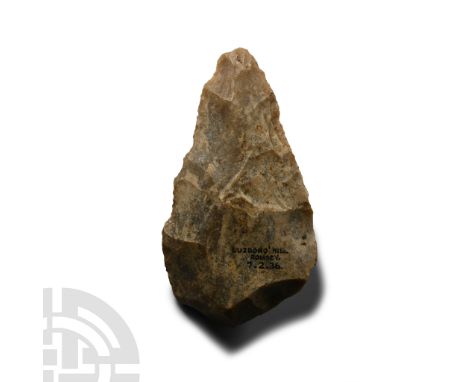 Lower Palaeolithic Period, circa 450,000-300,000 B.P. Lanceolate form with sharp edges, broad butt; marked with findspot and 
