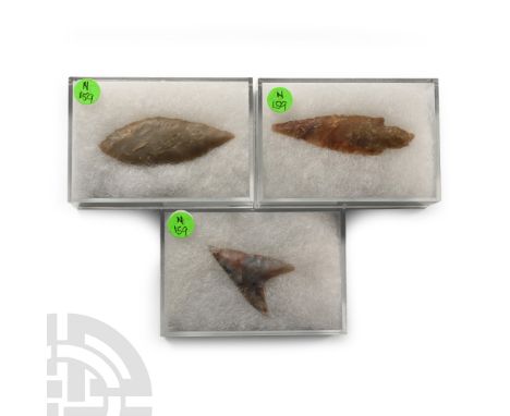 Neolithic Period, 6th-4th millennium B.P. Deltoid, leaf-shaped and barbed types each in a collector's archive box with label.
