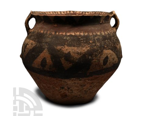 Neolithic Period, 3rd millennium B.C. Squat with narrow base and broad shoulder, wide flared mouth with loop handles, painted