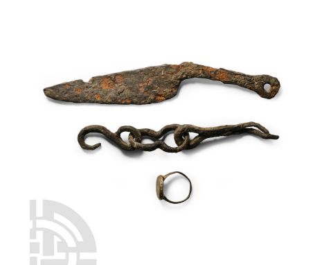 1st-16th century A.D. Including a bronze finger ring, iron knife and other items.  76 grams total, 2.3-15.6 cm (1 - 6 1/8 in.
