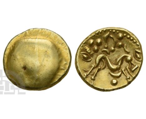 Celtic Gaul. Northeast, Ambiani AV Stater.. Circa 58-55 BC. Gallo-Belgic E Series. 'Gallic War Uniface' Issue. Plain bulge / 