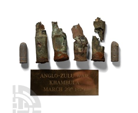29 March 1879 A.D. Comprising: a Martini-Henry brass ‘boxer’ cartridge cases, one with firing mark to the base; two lead head