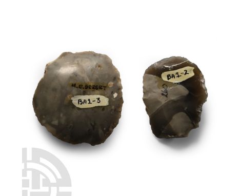Circa 4th-3rd millennium B.P. Both ovate in profile with broad butt; one marked 'BA1-3', 'M.G.Dorset' and the other 'BA1-2' '