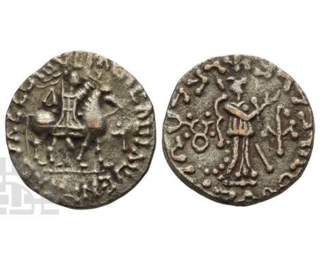 Indo-Scythians. Apracharajas, Vijayamitra BI Tetradrachm.. Circa 12 BC-AD 20. In the name of Azes. Azes on horseback to right