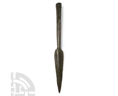 9th-7th century B.C. Comprising a leaf-shaped blade with midrib and a long tapering socket. Cf. Khorasani, M.M., Arms and Arm