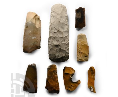 Neolithic Period, 3500-2200 B.P. The largest piece a superbly flaked axehead worked from a grey chert (known as Danien flint)