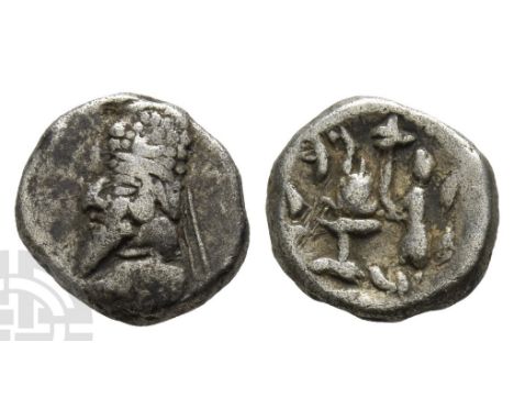 Kingdom of Persis. Dārēv (Darios) II AR Hemidrachm.. 1st century BC. Diademed bust to left, wearing tiara with ear flap and d