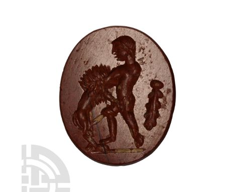 2nd-3rd century A.D. Ellipsoid in plan with engraved intaglio scene of Hercules advancing on a baseline to grapple with the N