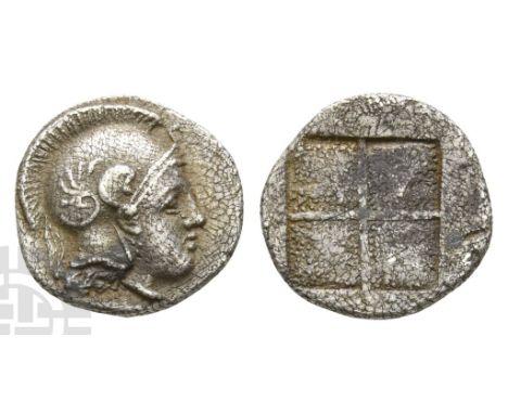 Macedon, Akanthos AR Diobol.. Circa 430-390 BC. Head of Athena to right, wearing crested Attic helmet / Quadripartite incuse 
