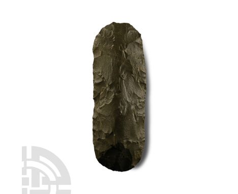 Neolithic Period, circa 6000 B.P. Scaphoid in section with parallel sides and broad rounded cutting edge to each end.  231 gr