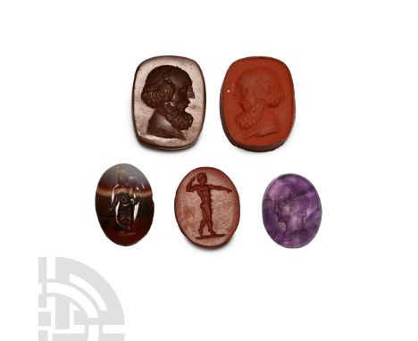 19th century A.D. Comprising: rectangular brown agate with profile bust, and impression from the same; ellipsoid sardonyx wit