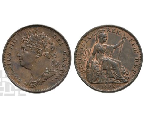 Great Britain. Hanover, George IV AE Farthing.. 1820-1830. London mint. Dated 1822. Design by Benedetto Pistrucci. GEORGIUS I