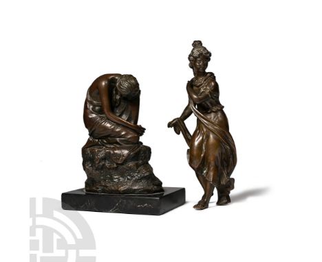 19th-20th century A.D. Comprising: girl with long hair crouching on a rock, cradling her knee, with stamped 'Bronze garanti P