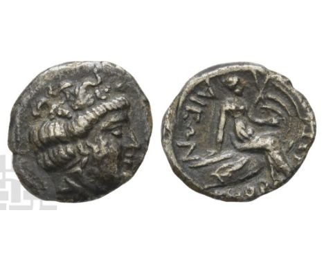 Euboia, Histiaia AR Tetrobol.. 3rd-2nd centuries BC. Wreathed head of the nymph Histiaia to right / ΙΣΤΙ-ΑΙΕΩΝ, Nymph seated 