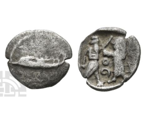 Phoenicia, Sidon. `Abd`aštart (Straton) I AR 1/16 Shekel.. Dated RY 12(?) (354/3 BC). Phoenician galley to left; [date] above