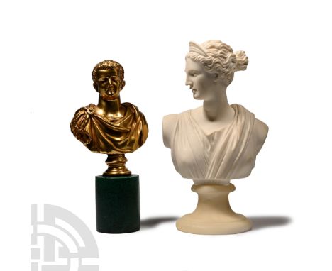 20th century A.D. Comprising: gilded bust of Augustus on a columnar stand; composition bust of a Roman lady with head turned,