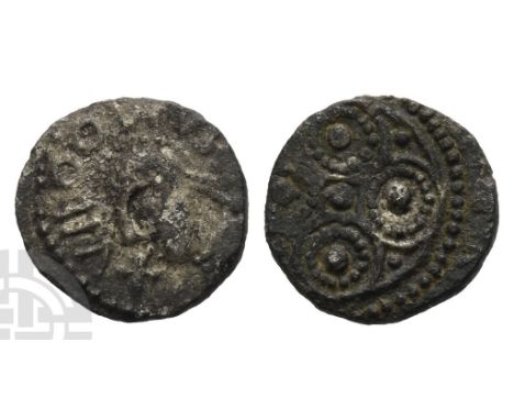 Anglo-Saxon. Eclectic Sceattas AR Sceatt.. Circa 710-760. Series 2c; BM type 14. 'Celtic Cross' Group. +LVNDONIA(retrograde),