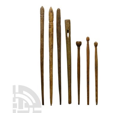 1st-4th century A.D. Mostly with tapering shank and knop finial; one a needle.  18 grams total, 7.8-12.3 cm (3 - 4 7/8 in.). 