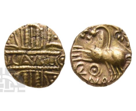 Celtic Britannia. Catuvellauni, Cunobelin AV Quarter Stater.. AD 8-41. CAMVL in tablet over vertical wreath / Biga to left, b