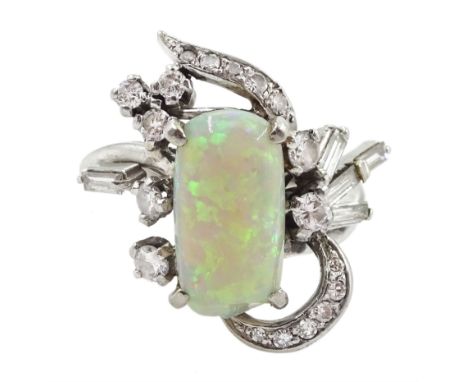 Platinum rectangular opal, round and baguette diamond openwork design ring, stamped Plat