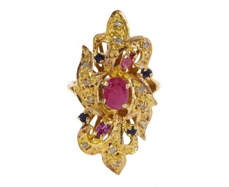 14ct gold vari-cut ruby, sapphire, diamond ring, in an open work setting