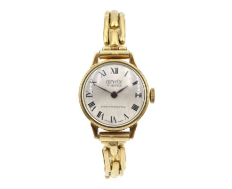 Corvette 9ct gold ladies manual wind wristwatch hallmarked, on gold expanding link bracelet stamped 18ct