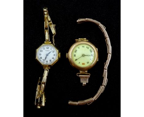 Visible 9ct gold ladies manual wind and a rose gold manual wind wristwatch with a silver-gilt expanding strap