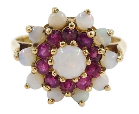 9ct gold opal and ruby cluster ring