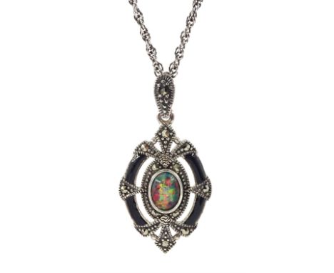 Silver opal and marcasite pendant necklace, stamped 925