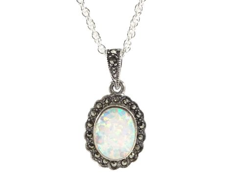 Silver opal and marcasite pendant necklace, stamped 925